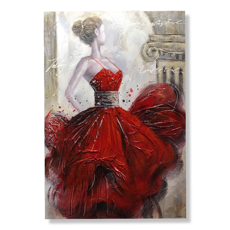 Maalaus naisesta punaisessa mekossa