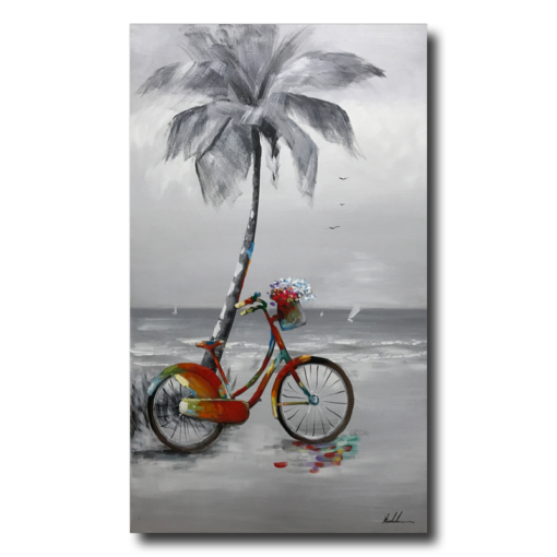 Maalaus polkupyörällä ja palmulla