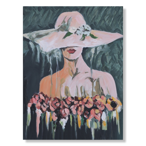 Kaunis maalaus naisesta ja hänen ruusuistaan.
